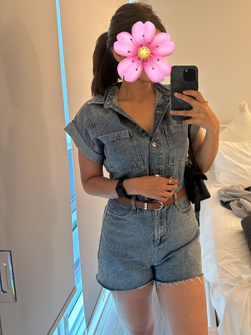 Zara Washed Grey Denim Short Jumpsuit Romper with Rolled Sleeves | XS